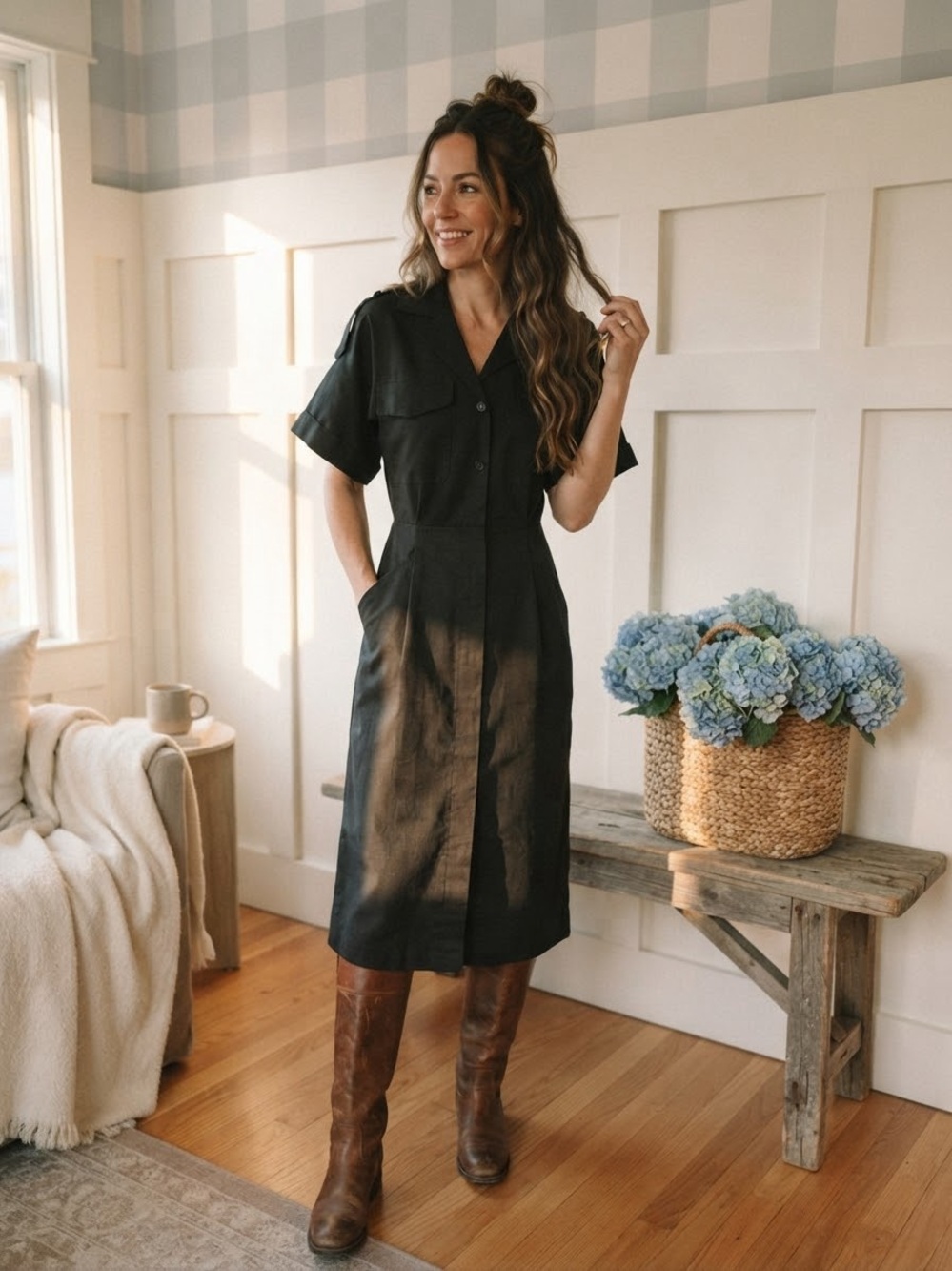 Jacqueline Ferrar Black Short-Sleeve Midi Shirt Dress 10